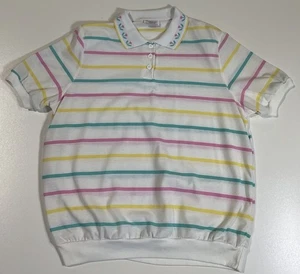 Vintage Poloshirt Pastell Regenbogen gestreift Damen L geblümt 80er - Bild 1 von 7