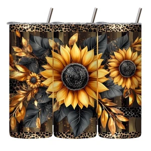 Taza de viaje aislada vaso hojas de leopardo girasol negro y dorado 20 oz - Imagen 1 de 3
