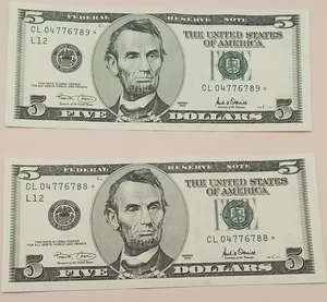 YY286-22 2 $5 Federal Reserve Note Consec CL04776788*-89* Series 2001 CU Free SH - Picture 1 of 6