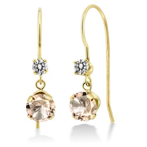 14K Yellow Gold Peach Morganite and Diamond French Wire Dangle Hook Earrings - Picture 1 of 2