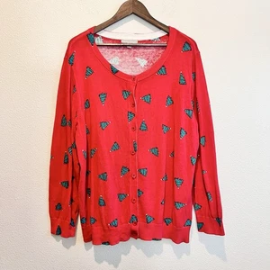 Woman Within 22/24 1X Christmas Cardigan Red Sweater Trees Holiday Plus Size - Picture 1 of 9