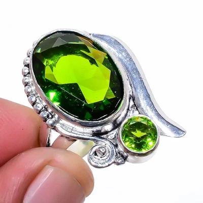 Burmese Peridot Gemstone Silver Plated Jewelry Ring s.8 M1538 - Image 1 of 4