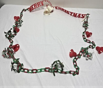 Vintage Merry Xmas Garland Green Plastic Chain Red Bells Holly Berries 92" - Image 1 of 4