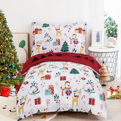  Conjunto de roupa de cama infantil, boneco de neve alce padrão de árvore de Natal, 4 4 peças branco - Imagem 1 de 4
