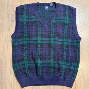 Vintage GAP Mens V Neck Plaid Sweater Vest Navy Green Purple XL Cotton - Picture 1 of 5