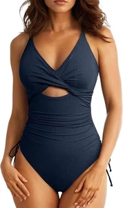 Aleumdr Women's Ribbed One Piece Swimsuit Tummy Control High Cut Bathing Suit LG - Picture 1 of 10