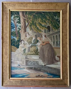 ￼ “Dame In Giardino” Grande Quadro Ricamato A Mezzo Punto  Con Cornice Dorata - Picture 1 of 13