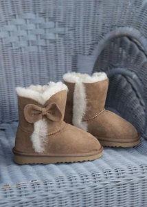 Children's Luxury Sheepskin Boots with Bow and Wool Detail Chestnut Brown - Picture 1 of 11