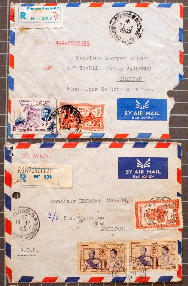 2 lettres recommandées CambodgeDe Phnom-Penh à Abidjan 13/11/1959 et 27/31962 - Photo 1/1
