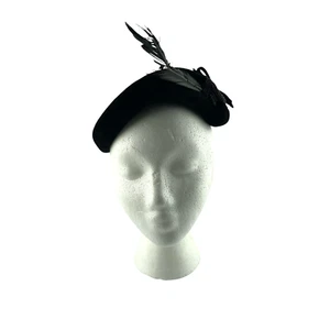 Vintage Evelyn Varon Hat 22 Merrimac Peachbloom Black Velour Feather Beaded - Bild 1 von 10