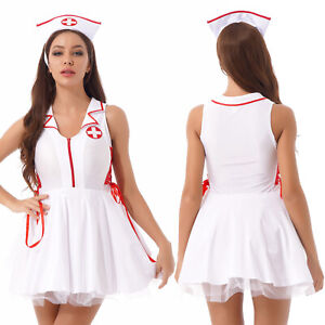 Womens Sexy Nurse Uniform Leather Short Sleeve Cosplay Party Outfits Clothes