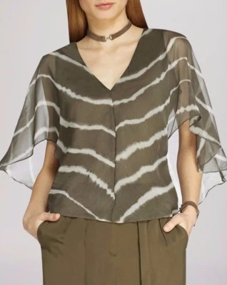 $295 NWT HALSTON HERITAGE Sz6 V-NECK FLUTTER SLEEVE TOP SAGE DIP DYE STRIPE   - Image 1 of 4
