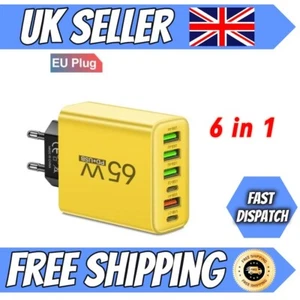 65W 6-in-1 Fast Charger, 4 USB & 2 Type-C Ports Quick Charging for Mobile Device - Picture 1 of 5