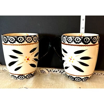 Temptations, "Old World", Pair, Coffee Mugs, Cream, Black, Yellow flowers - Image 1 of 4