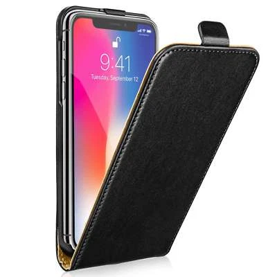 Black real leather Flip case for iPhone 5/SE 2020/6/7/8/7+PLUS/X/XS/XR/11/12 - Image 1 of 4