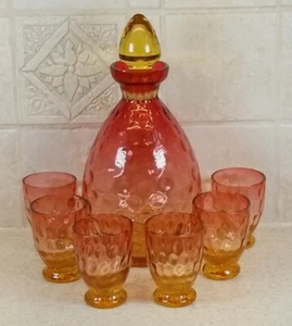 Antigua impresión inversa óptica de punto de vidrio ámbar 7 piezas. Juego de licor ¡Excelente!  - Imagen 1 de 10