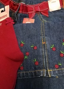 NWT Gymboree Vintage CHERRY PIE Red Ribbon Belted Denim Jeans&Socks Girls Size 9 - Picture 1 of 3
