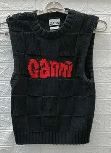Used Ganni Shoulder Button Detail Knit Sweater Vest Black Front Logo Size S - Picture 1 of 6