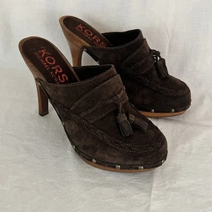 Kors Michael Kors Wooden Heels Suede Clogs Mules Tassels Women Size 8B Brown - Picture 1 of 14