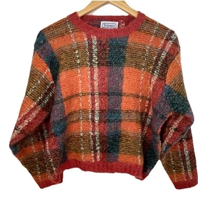 VTG 80s Bridgewater Classics Orange Blue Plaid Pullover Cropped Sweater M/L - Picture 1 of 11