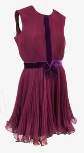 Vintage Mod Burgundy Maroon Miss Elliette Velvet Ruffle Bow Sheer Pleat Dress L - Bild 1 von 7