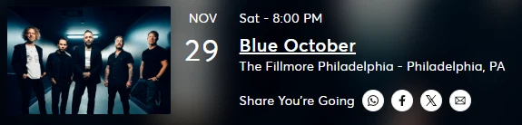 2 Blue October Tickets + Parking Saturday Nov 29th @ the Filmore Philadelphia PA - Image 1 of 3