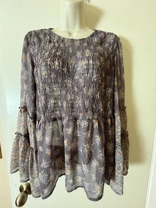 American Eagle Floral Blouse SZ M Smocked Bodice Sheer Bell Long Sleeves - Picture 1 of 10