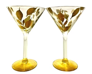 2 Hand-Painted Martini Glasses Gold Leaves Pattern - Picture 1 of 9