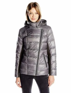 Lucky Brand Women's Down Packable Puffer Jacket with Hood Silver Print Small - Picture 1 of 3