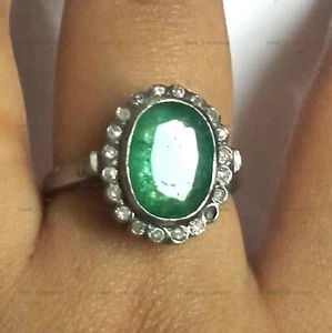 Cocktail Anniversary Ring 925 Sterling Silver Natural Emerald Oval - Imagen 1 de 10
