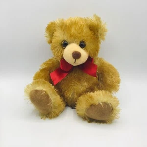 Teddy Bear First & Main "Minkies"  8” Red Bow Tan Blonde Sitting Stuffed Animal - Picture 1 of 12