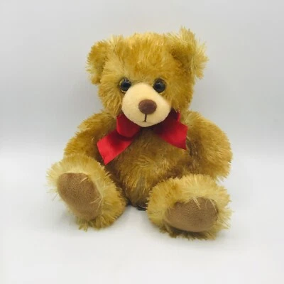 Teddy Bear First & Main "Minkies"  8” Red Bow Tan Blonde Sitting Stuffed Animal - Image 1 of 4