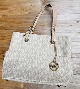 Michael Kors Signature Jet Tote Vanilla Large Monogram Bag Double Handles - Picture 1 of 14