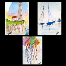 ACEO ORIGINAL PAINTING 3 Pcs Boats Lighthouse Jellyfish Watercolor Art 100% Hand