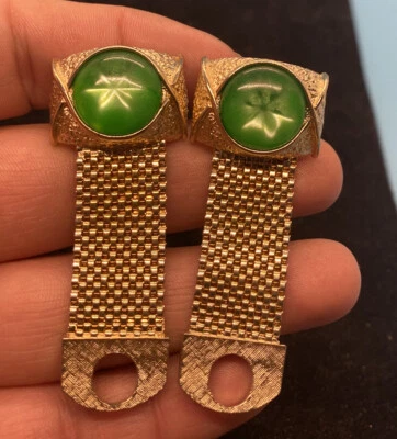 Gemelos Swank Vintage Tono Dorado Green Star Burst Cabujón Foto 1 de 4