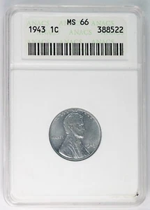 1943 Old ANACS MS 66 United States / American Lincoln Steel Wheat Cent! - Picture 1 of 2
