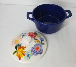 Pioneer Woman Mini Casserole Cobalt Blue Floral Design Large Flowers Pink Red - Picture 1 of 12