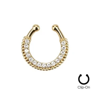Clip On Fake Septum Clicker Non Piercing Nose Ring Hoop Gold Plated CZ - Picture 1 of 4
