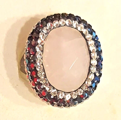 JCM Pink Rose Quartz Ring SZ 6  Malaysia Clear Black Rhinestone Aurora Borealis - Image 1 of 4