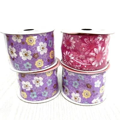 4 Rolls Simply Spring Lightweight Ribbon Purple Pink Flowers 2 1/2 in x 20 ft - Image 1 of 4