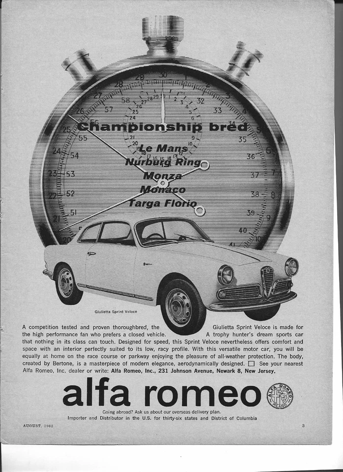 Alfa Romeo Giulietta Sprint Veloce 1962 anuncio impreso de colección: "Championship bred." Foto 1 de 1