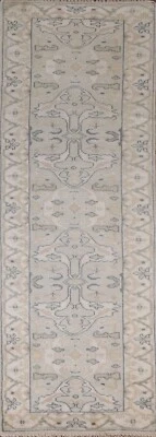 Sage Green/ Ivory Oushak Indien Narrow Runner Rug 2' 8" x 9' 10" Handmade Carpet - Image 1 of 4