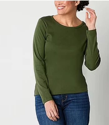 St. John’s Bay- Long Sleeve- Crew Neck - Petite Small.   Green.  New W Tag. - Image 1 of 4