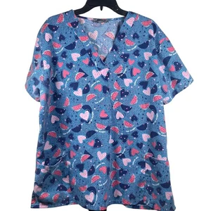 Bannock Court V-Neck Scrub Top Size 2X Watermelon Hearts Summer Medical Dental - Picture 1 of 5