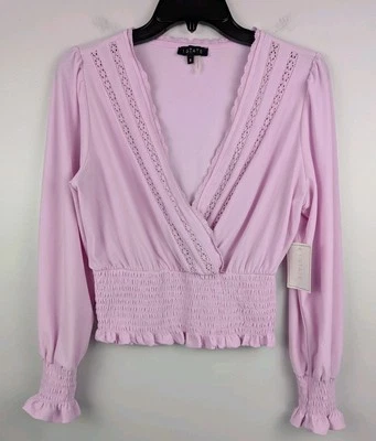 Blusa de encaje con volantes ajustada cuello en V profundo rosa manga larga 1.STATE S para mujer Foto 1 de 4