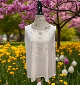 Top elástico Dressbarn blanco sin mangas cuello en V con apliques de encaje para mujer talla XL - Imagen 1 de 11