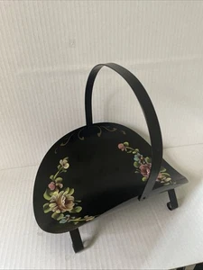vintage black painted & floral toleware metal handled legged basket - Picture 1 of 7