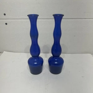 Vintage Cobalt Blue Glass Bud Vases - 8" Tall - PAIR (2) - - Bild 1 von 4