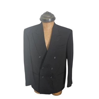 City Streets Blazer 夹克男式 44R 黑色纯色涤纶双排扣峰 — 第 1/4 张图片