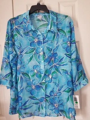 BonWorth NWT Women Size XL Blue Sheer Floral Button 3/4 Sleeve Blouse Top Shirt - Image 1 of 4